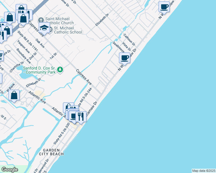 map of restaurants, bars, coffee shops, grocery stores, and more near 101 Easy Street in Murrells Inlet
