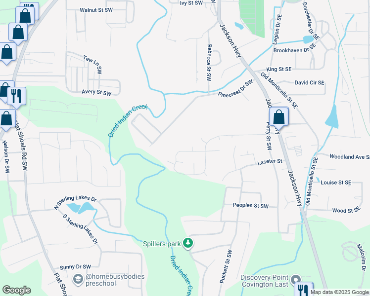 map of restaurants, bars, coffee shops, grocery stores, and more near 6106 Shadow Glen Court Southwest in Covington