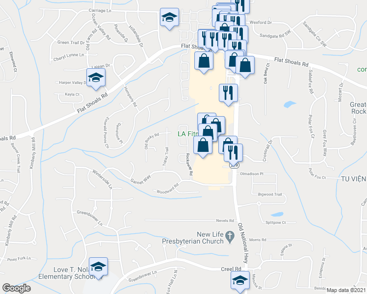map of restaurants, bars, coffee shops, grocery stores, and more near 6042 Rockaway Road in Atlanta