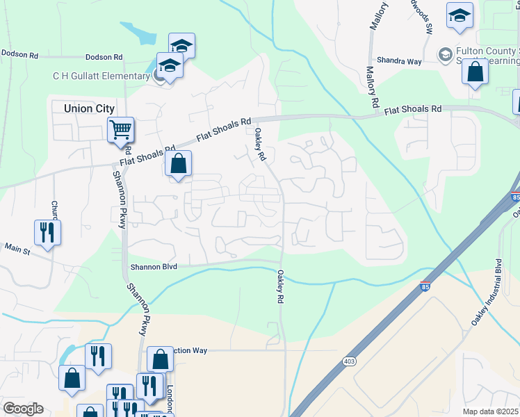 map of restaurants, bars, coffee shops, grocery stores, and more near 5225 Oakley Commons Boulevard in Union City