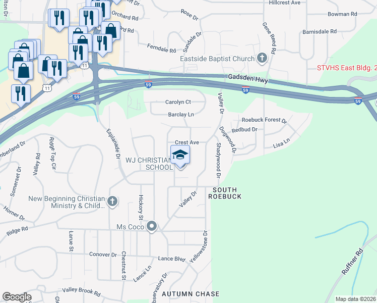 map of restaurants, bars, coffee shops, grocery stores, and more near 732 Walnut Avenue in Birmingham