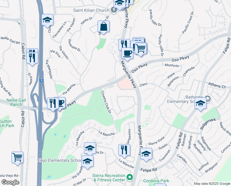 map of restaurants, bars, coffee shops, grocery stores, and more near 26241 Amapola Lane in Mission Viejo