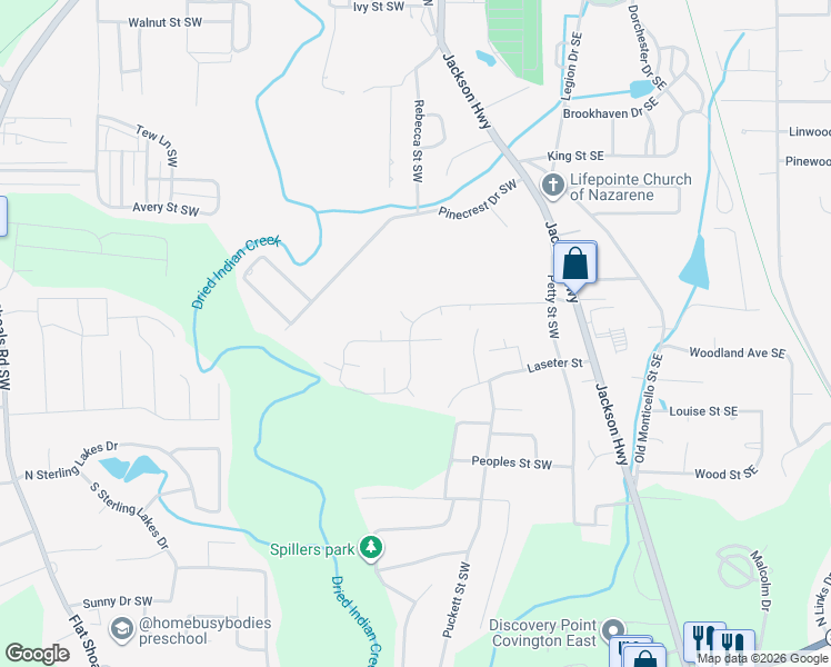 map of restaurants, bars, coffee shops, grocery stores, and more near 6263 Green Acres Drive Southwest in Covington