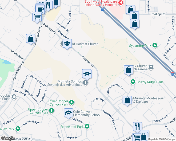 map of restaurants, bars, coffee shops, grocery stores, and more near Starbuck Circle in Wildomar