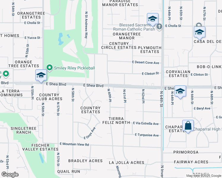 map of restaurants, bars, coffee shops, grocery stores, and more near 6021 East Shea Boulevard in Scottsdale