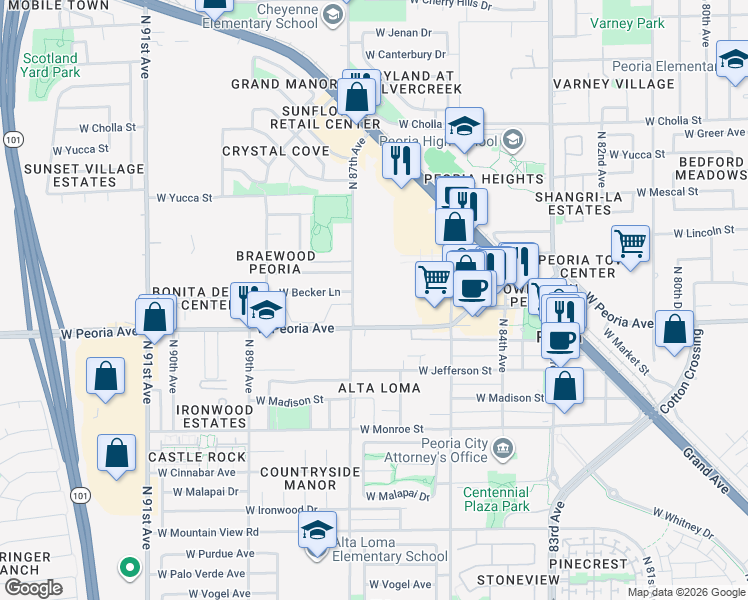 map of restaurants, bars, coffee shops, grocery stores, and more near 8650 West Peoria Avenue in Peoria