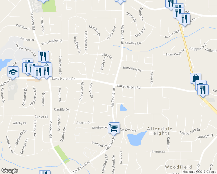 map of restaurants, bars, coffee shops, grocery stores, and more near 2649 Lake Harbin Road in Morrow