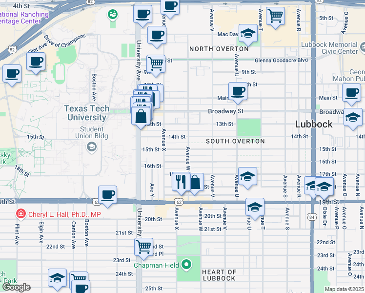 map of restaurants, bars, coffee shops, grocery stores, and more near 2306 15th Street in Lubbock