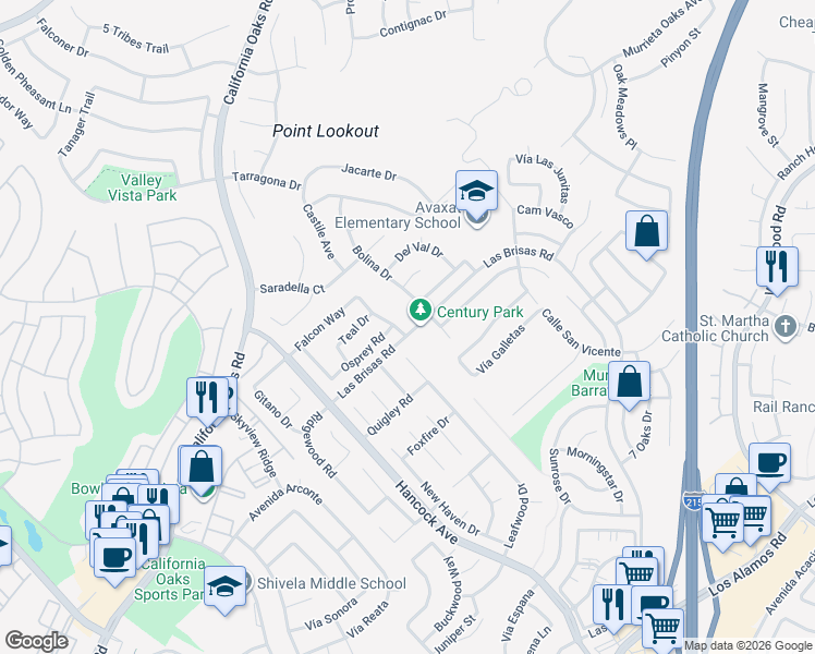 map of restaurants, bars, coffee shops, grocery stores, and more near 24386 Echo Ridge Drive in Murrieta