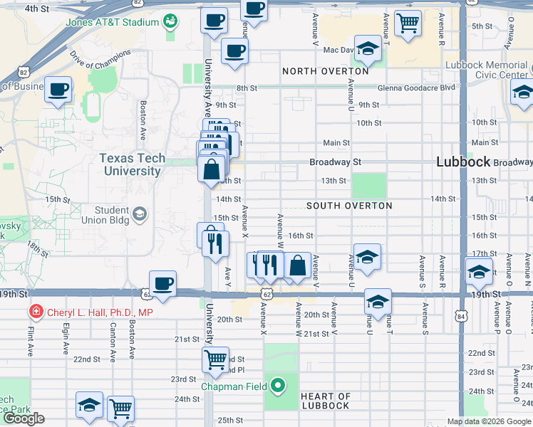 map of restaurants, bars, coffee shops, grocery stores, and more near 2310 15th Street in Lubbock