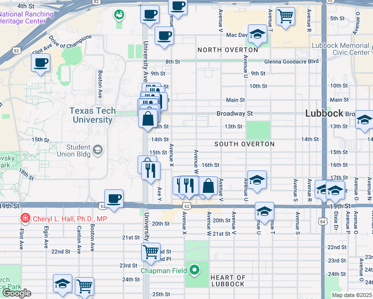 map of restaurants, bars, coffee shops, grocery stores, and more near 2310 15th Street in Lubbock