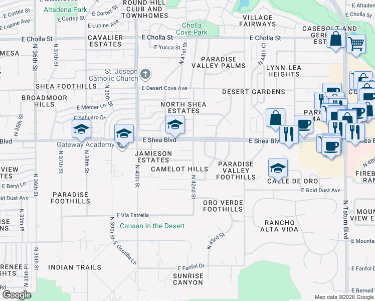 map of restaurants, bars, coffee shops, grocery stores, and more near 4102 East Cannon Drive in Phoenix