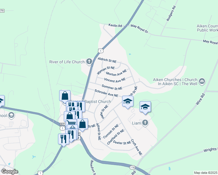 map of restaurants, bars, coffee shops, grocery stores, and more near 692 Sommer Street Northeast in Aiken