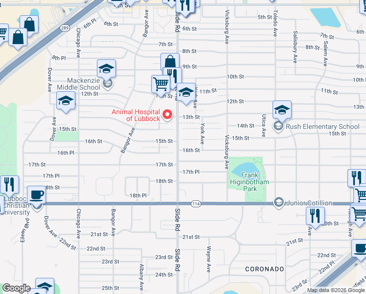 map of restaurants, bars, coffee shops, grocery stores, and more near 5016 16th Street in Lubbock
