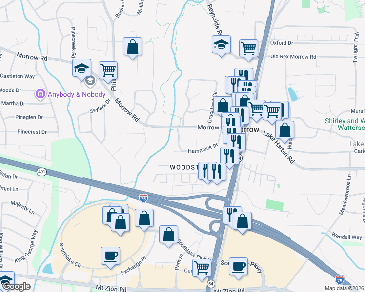 map of restaurants, bars, coffee shops, grocery stores, and more near 1360 Hammack Drive in Morrow