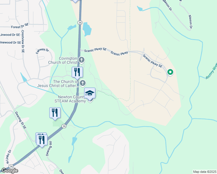 map of restaurants, bars, coffee shops, grocery stores, and more near 45 Wexford Way in Covington