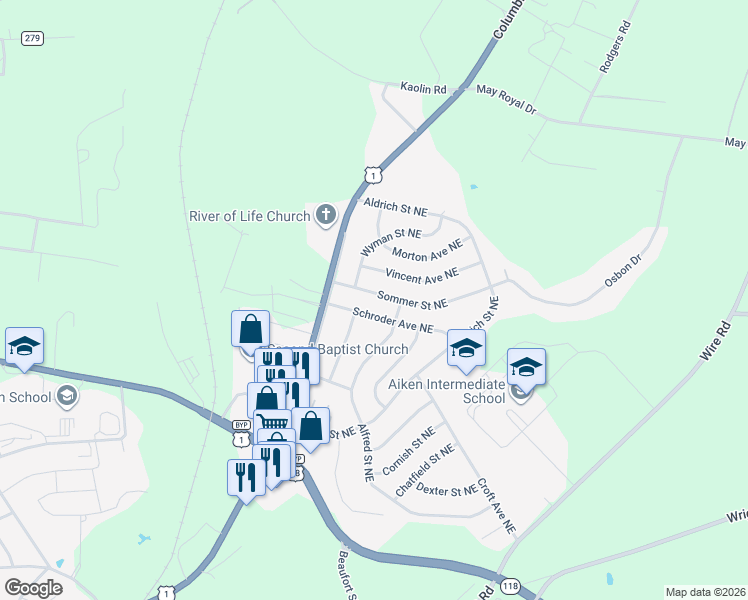 map of restaurants, bars, coffee shops, grocery stores, and more near 655 Sommer Street Northeast in Aiken