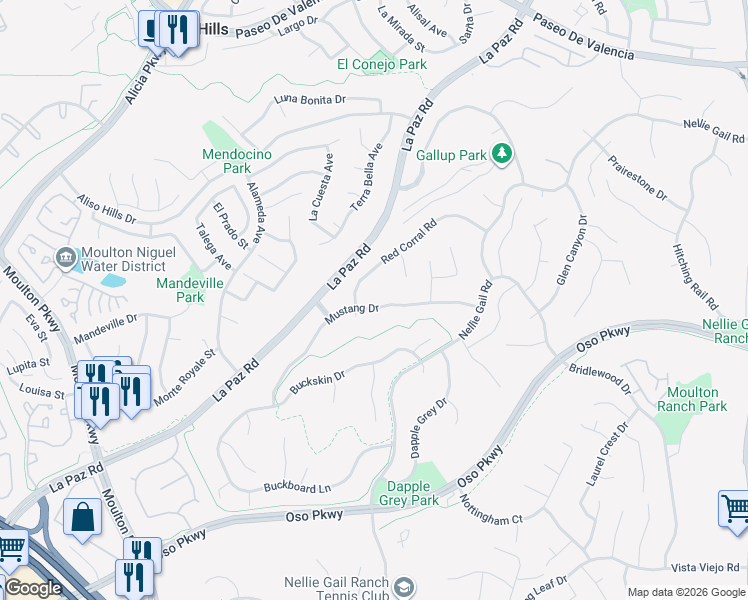 map of restaurants, bars, coffee shops, grocery stores, and more near 25181 Mustang Drive in Laguna Hills