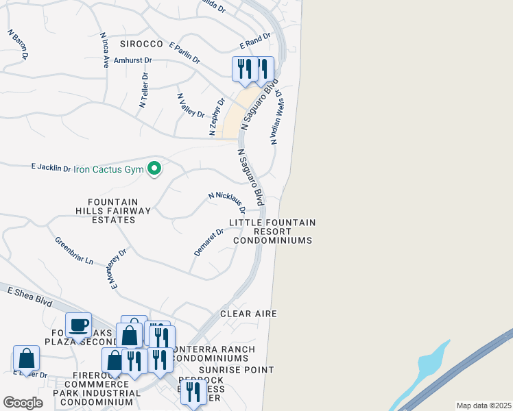 map of restaurants, bars, coffee shops, grocery stores, and more near 17222 East Palmer Way in Fountain Hills