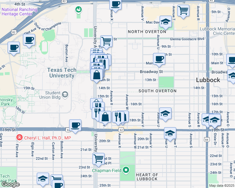 map of restaurants, bars, coffee shops, grocery stores, and more near 2316 15th Street in Lubbock