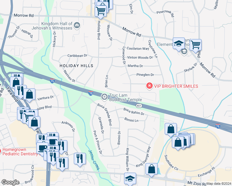 map of restaurants, bars, coffee shops, grocery stores, and more near 859 Brian Lane in Forest Park