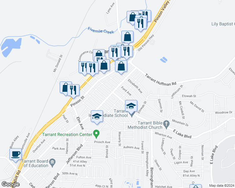 map of restaurants, bars, coffee shops, grocery stores, and more near 1212 East Lake Boulevard in Birmingham