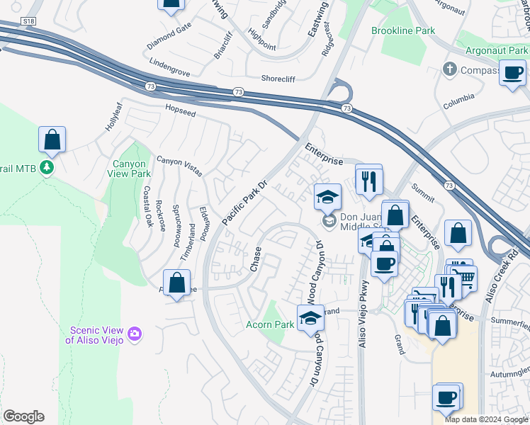 map of restaurants, bars, coffee shops, grocery stores, and more near 37 Carlsbad Lane in Aliso Viejo