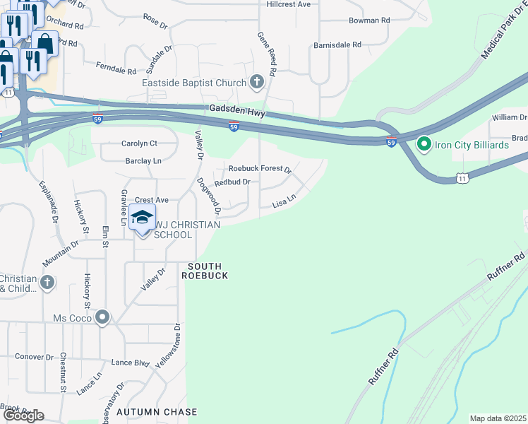 map of restaurants, bars, coffee shops, grocery stores, and more near 601 Lisa Lane in Birmingham