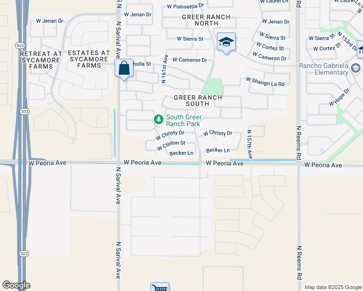 map of restaurants, bars, coffee shops, grocery stores, and more near 16023 West Clinton Street in Surprise