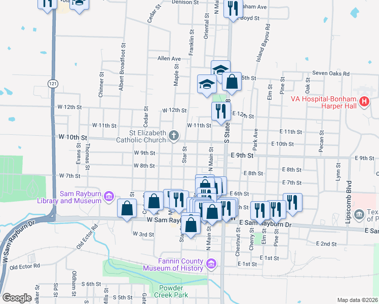 map of restaurants, bars, coffee shops, grocery stores, and more near 903 Star Street in Bonham