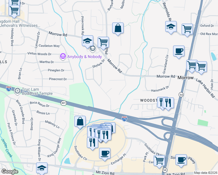 map of restaurants, bars, coffee shops, grocery stores, and more near 1224 Dove Court in Morrow