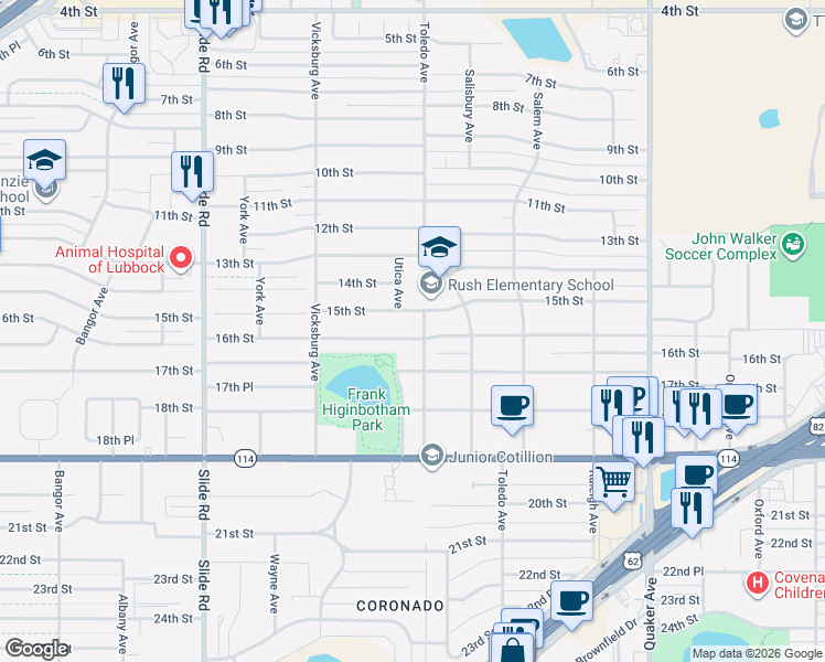 map of restaurants, bars, coffee shops, grocery stores, and more near 4806 16th Street in Lubbock
