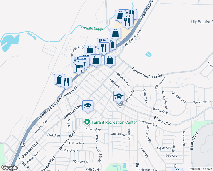 map of restaurants, bars, coffee shops, grocery stores, and more near 1212 East Lake Boulevard in Birmingham