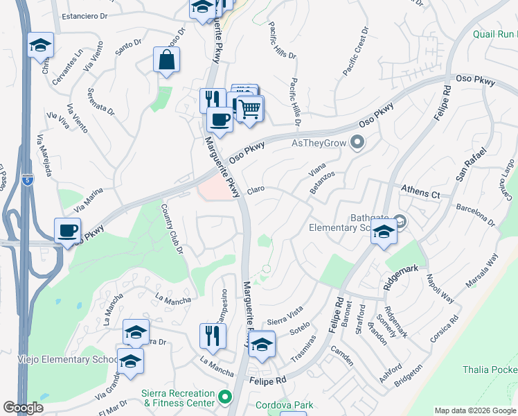 map of restaurants, bars, coffee shops, grocery stores, and more near 27146 Neda in Mission Viejo