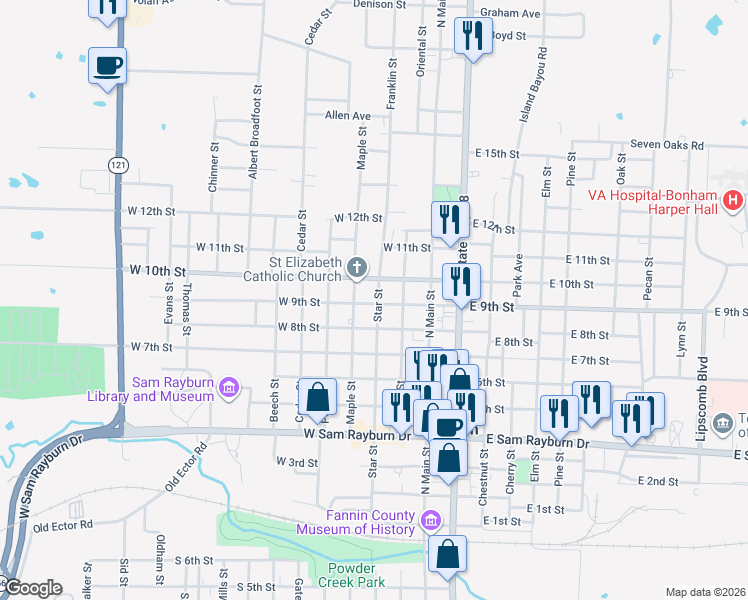 map of restaurants, bars, coffee shops, grocery stores, and more near 903 Star Street in Bonham