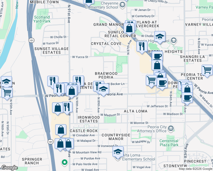 map of restaurants, bars, coffee shops, grocery stores, and more near 8831 West Becker Lane in Peoria