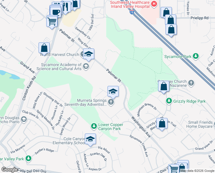 map of restaurants, bars, coffee shops, grocery stores, and more near 23235 Palomar Street in Murrieta