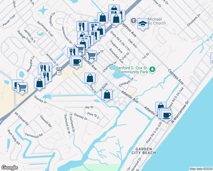 map of restaurants, bars, coffee shops, grocery stores, and more near 457 East Bank in Murrells Inlet
