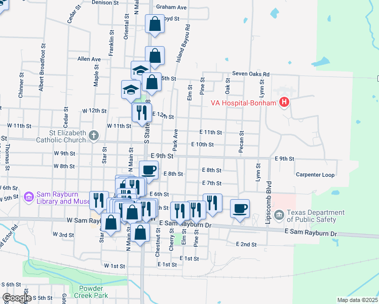 map of restaurants, bars, coffee shops, grocery stores, and more near 511 East 9th Street in Bonham