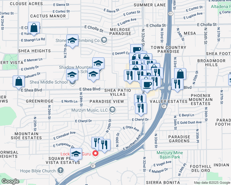 map of restaurants, bars, coffee shops, grocery stores, and more near 10409 North 30th Street in Phoenix