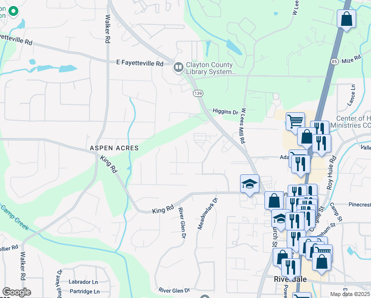 map of restaurants, bars, coffee shops, grocery stores, and more near 6347 Steepleridge Court in Riverdale