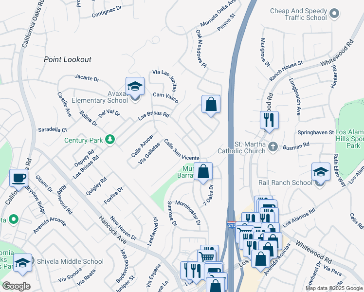 map of restaurants, bars, coffee shops, grocery stores, and more near 24557 Calle Magdalena in Murrieta