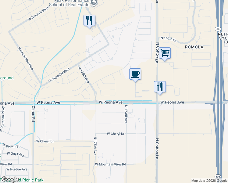 map of restaurants, bars, coffee shops, grocery stores, and more near 17333 West Peoria Avenue in Waddell