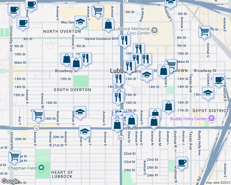 map of restaurants, bars, coffee shops, grocery stores, and more near 1708 15th Street in Lubbock