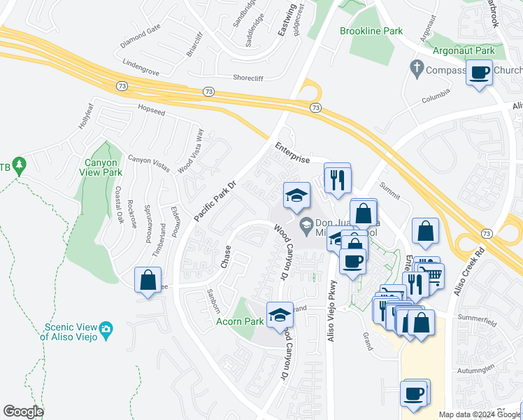 map of restaurants, bars, coffee shops, grocery stores, and more near 103 Coronado Cay Lane in Aliso Viejo