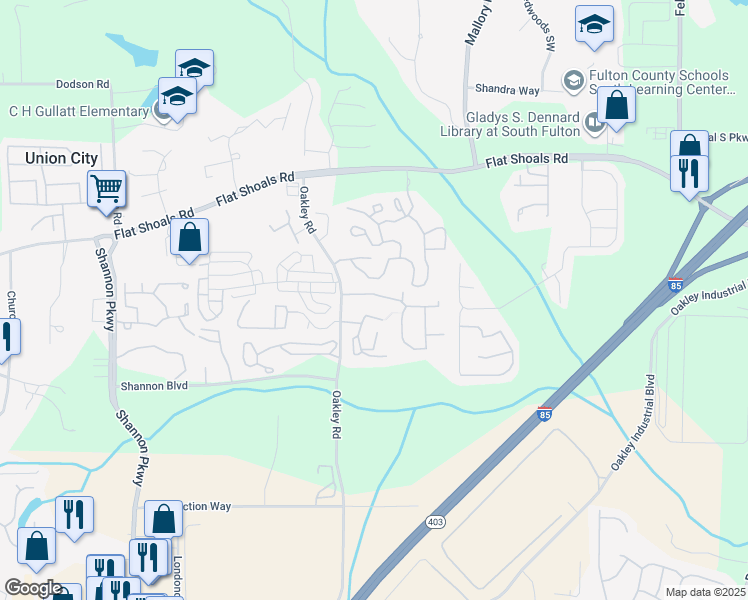 map of restaurants, bars, coffee shops, grocery stores, and more near 6350 Oakley Road in Union City