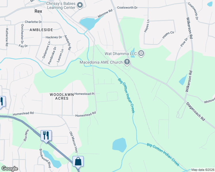 map of restaurants, bars, coffee shops, grocery stores, and more near 4085 McClendon Way in Rex