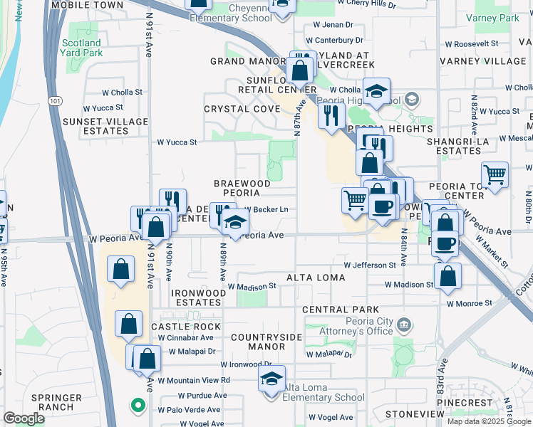 map of restaurants, bars, coffee shops, grocery stores, and more near 8743 West Becker Lane in Peoria