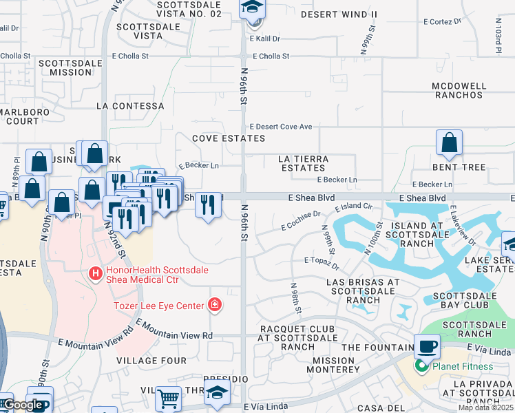 map of restaurants, bars, coffee shops, grocery stores, and more near 10571 North 96th Place in Scottsdale