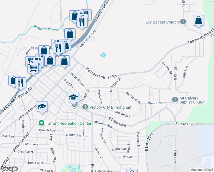 map of restaurants, bars, coffee shops, grocery stores, and more near 1920 Etowah Street in Birmingham